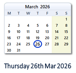 26 March 2026 calendar