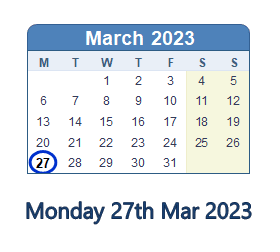 27 March 2023 calendar