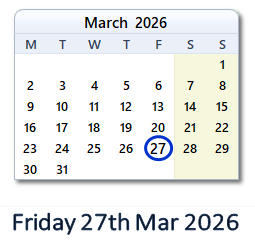 27 March 2026 calendar