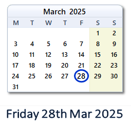 28 March 2025 calendar
