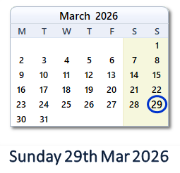 29 March 2026 calendar