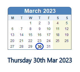 30 March 2023 calendar