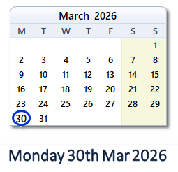 30 March 2026 calendar