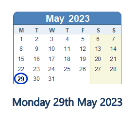 29 May 2023 calendar