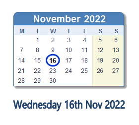 16 November 2022 calendar