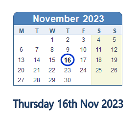 16 November 2023 calendar