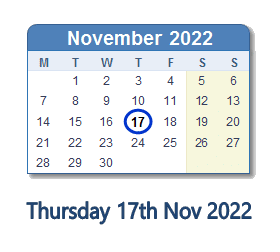 17 November 2022 calendar