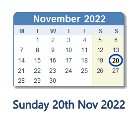 20 November 2022 calendar