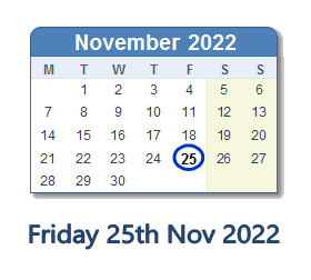 25 November 2022 calendar