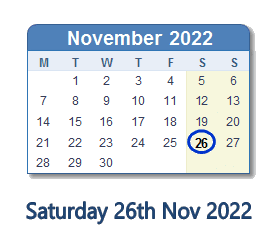 26 November 2022 calendar