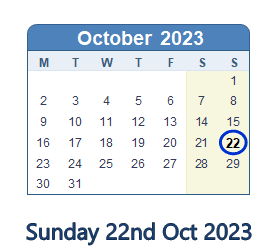 22 October 2023 calendar