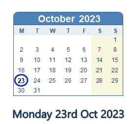 23 October 2023 calendar