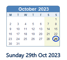 29 October 2023 calendar