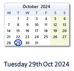 29 October 2024 calendar