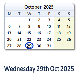 29 October 2025 calendar