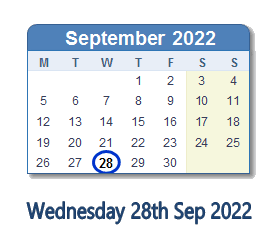 28 September 2022 calendar