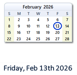 February 13, 2026 calendar
