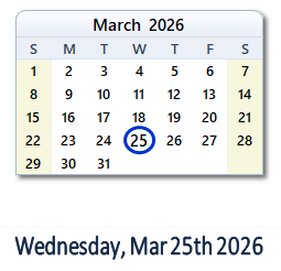 March 25, 2026 calendar