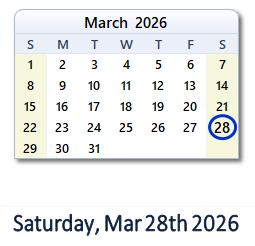 March 28, 2026 calendar