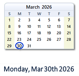 March 30, 2026 calendar