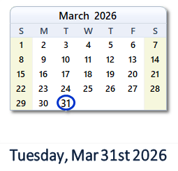 March 31, 2026 calendar