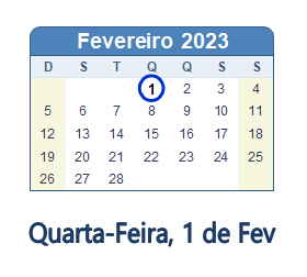 1 Fevereiro 2023 calendario