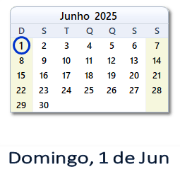 1 Junho 2025 calendario