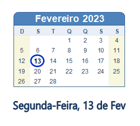 13 Fevereiro 2023 calendario