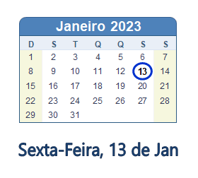 13 Janeiro 2023 calendario