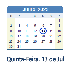 13 Julho 2023 calendario