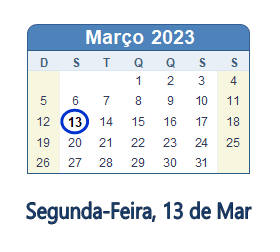 13 Março 2023 calendario
