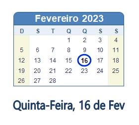 16 Fevereiro 2023 calendario