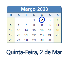 2 Março 2023 calendario