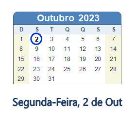 2 Outubro 2023 calendario