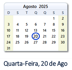 20 Agosto 2025 calendario