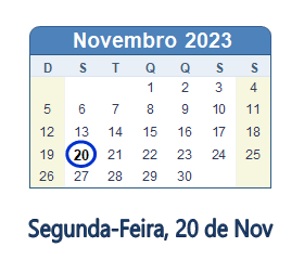 20 Novembro 2023 calendario