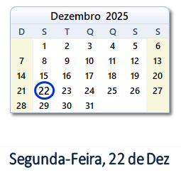 22 Dezembro 2025 calendario