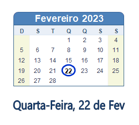 22 Fevereiro 2023 calendario