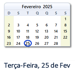 25 Fevereiro 2025 calendario