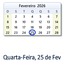 25 Fevereiro 2026 calendario