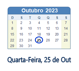 25 Outubro 2023 calendario