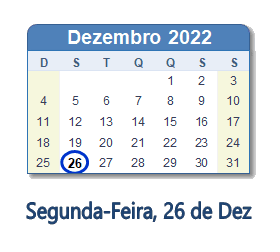 26 Dezembro 2022 calendario