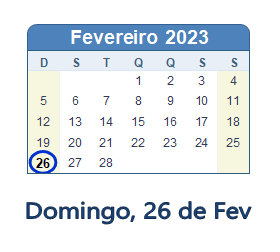 26 Fevereiro 2023 calendario