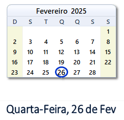 26 Fevereiro 2025 calendario
