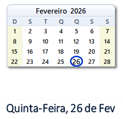 26 Fevereiro 2026 calendario