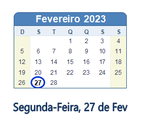 27 Fevereiro 2023 calendario