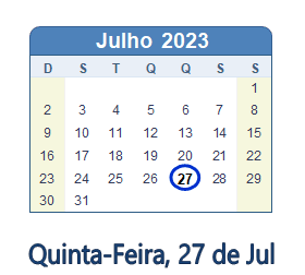 27 Julho 2023 calendario
