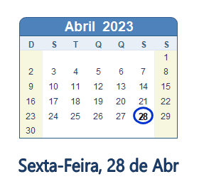 28 Abril 2023 calendario