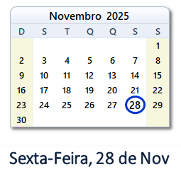 28 Novembro 2025 calendario