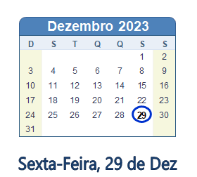 29 Dezembro 2023 calendario